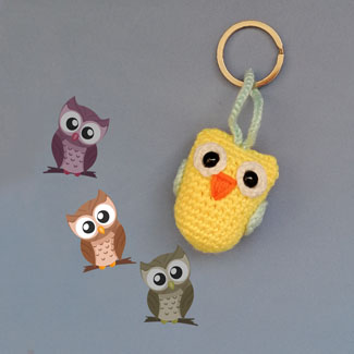 Llavero tejido en forma de búho. Llavero de búho tejido a mano. Llaveros tejidos personalizados. Talykí Taller de Tejidos y diseño textil