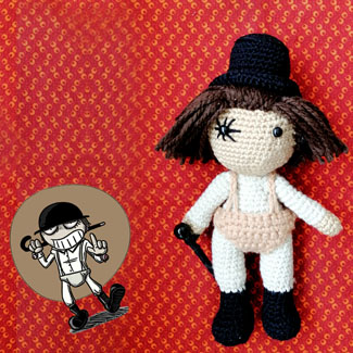 Alex DeLarge tejido. Muñecos tejdos personalizados. Talykí Taller de Tejidos y diseño textil