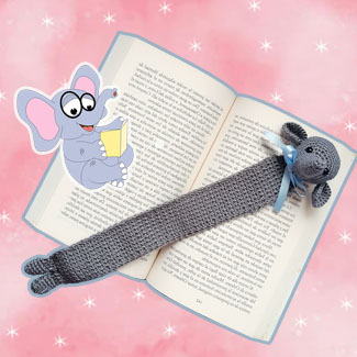 Separador de lectura tejido. Separador de libros. Marcadores de lectura tejidos. Tejidos a mano. Separador de lectura de elefante. Talykí Taller de Tejidos y diseño textil